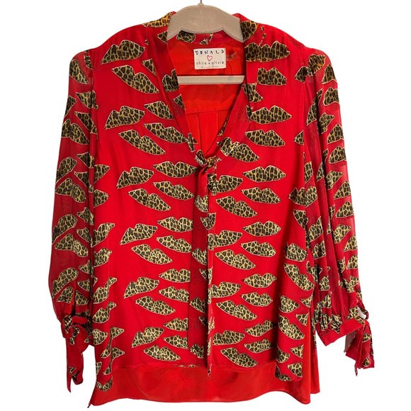 ALICE + OLIVIA RED BLOUSE WITH CHEETAH BURNOUT LIPS 3/4 SLEEVE TOP WITH TIES, M - Picture 6 of 11